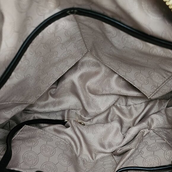 Michael Kors Milo Signature Leather Buckle Black & Beige Shoulder Bag COA - Picture 5 of 14